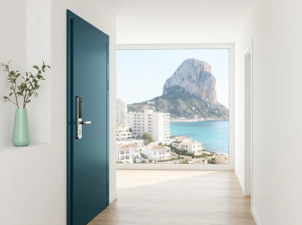 Puerta acorazada azul petróleo con cerradura de seguridad y teclado, en un recibidor con vistas al Peñón de Ifach