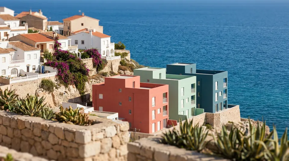Edificios de colores y formas geométricas sobre el acantilado de La Manzanera