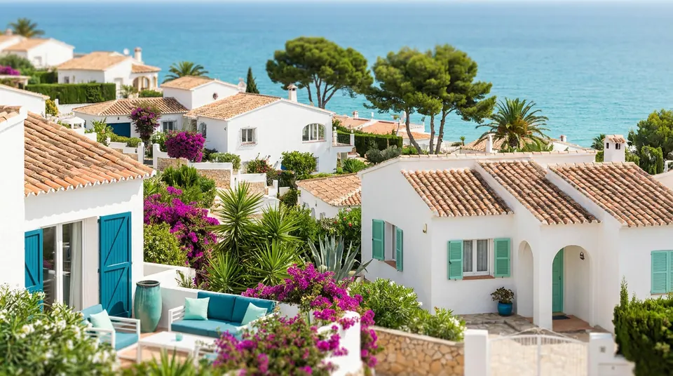 Villas blancas con jardín y pinos en la ladera de Maryvilla, frente al mar