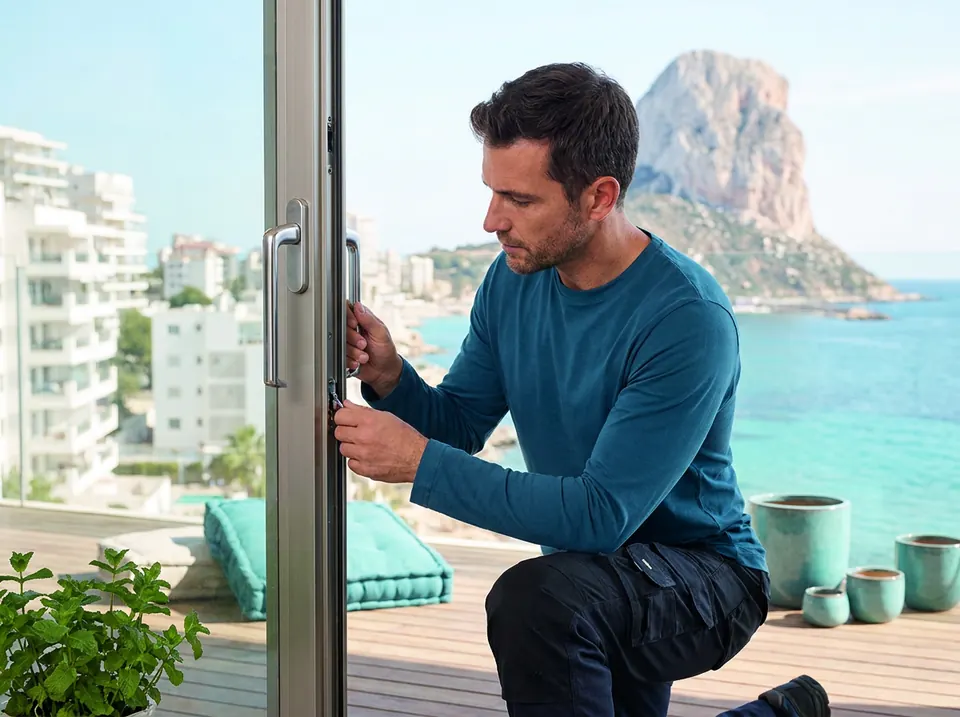 Cerrajero reparando la cerradura de una corredera de terraza frente al mar y al Peñón de Ifach